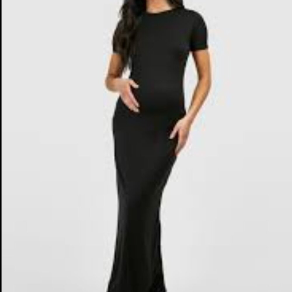 Black Maternity Maxi Dress - Sleek Short-Sleeve Design